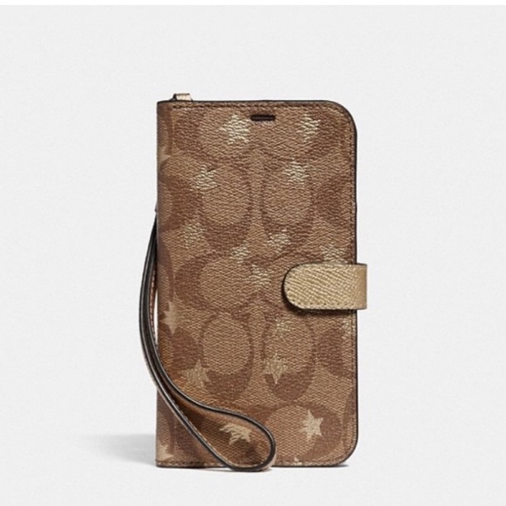 Coach Signature iPhone XR Folio Case Wallet Wristlet CC Stars Hard Card Strap